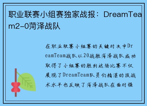 职业联赛小组赛独家战报：DreamTeam2-0菏泽战队